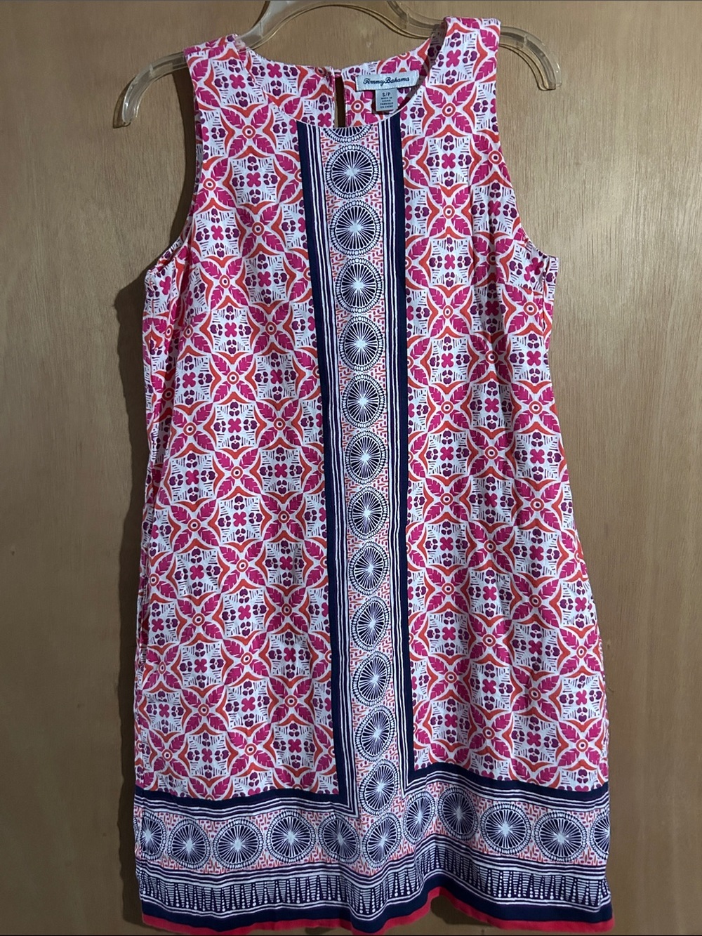 Tommy Bahama Sleeveless Pink Patterned Shift Dress with Navy Trim
